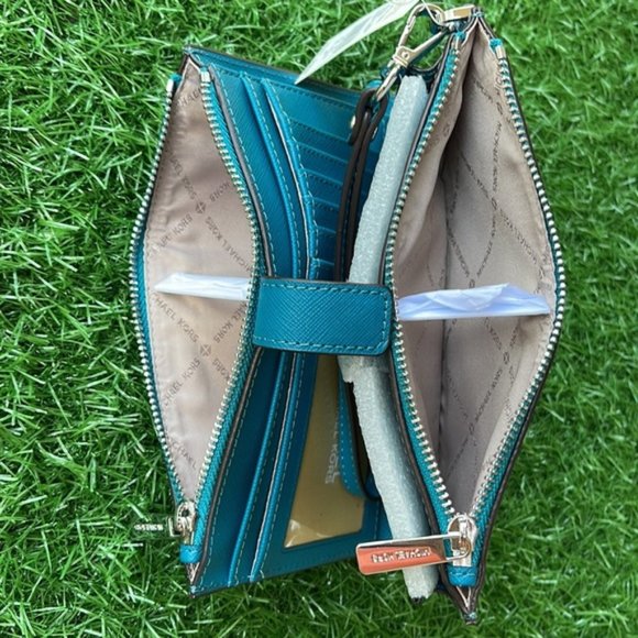 Michael Kors Large Double Zip Leather Wallet Wristlet Phone Case Lagoon - Picture 10 of 16